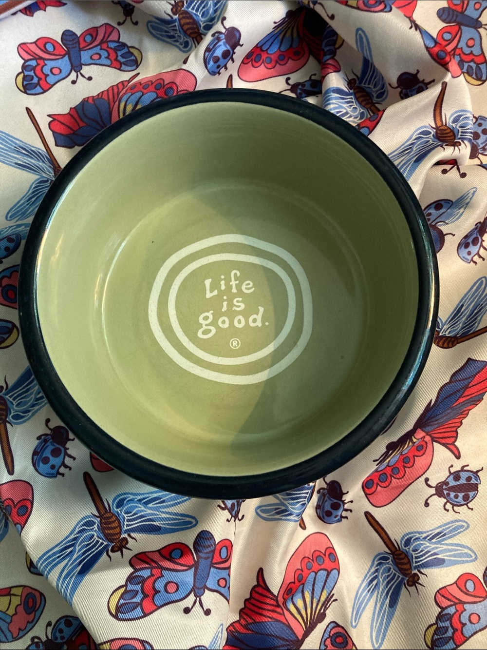 Life Is Good Olive Green Ceramic Bowl with Black Rim